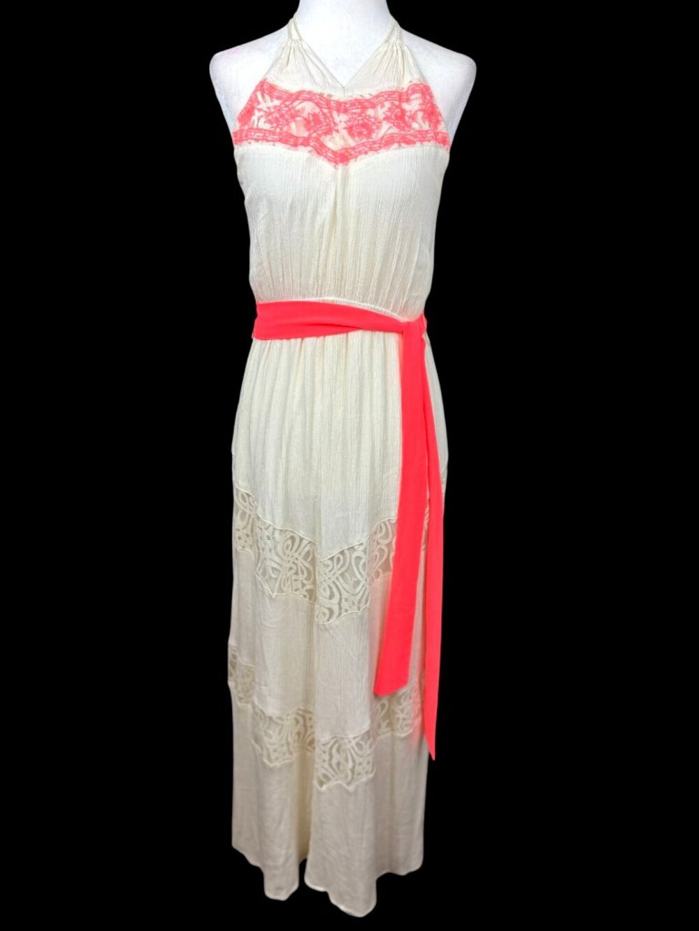 Boho Chic Halter Maxi Dress Coral Ivory Crochet Rayon Dainty Hooligan Women's M